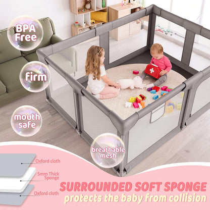 Palopalo Baby Laufgitter, 180x150cm Extra Großer Laufstall für Babys und Kleinkinder, Baby-Aktivitätszentrum mit 8 Saugnapfbasen, Baby-Laufstall mit Tür und weichem, atmungsaktivem Netz, Ohne Matte