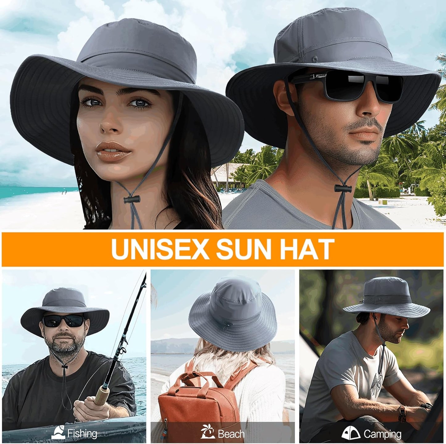Sonnenhut für Herren und Damen UPF 50+ Schutz – Breiter Krempenhut für Outdoor-Wandern, Wasserabweisender faltbarer Hut zum Angeln