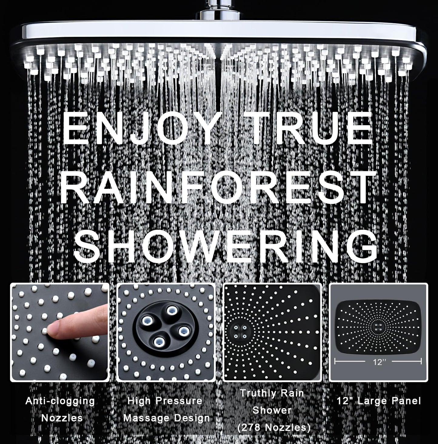 BOZYBO Rain Shower Head with Handheld: High Pressure Shower Heads with Handheld Spray Combo, 12" Rainfall Shower Head and 9 Sprays Hand Showerheads with Magnetic Docking and Power Jets, Chrome