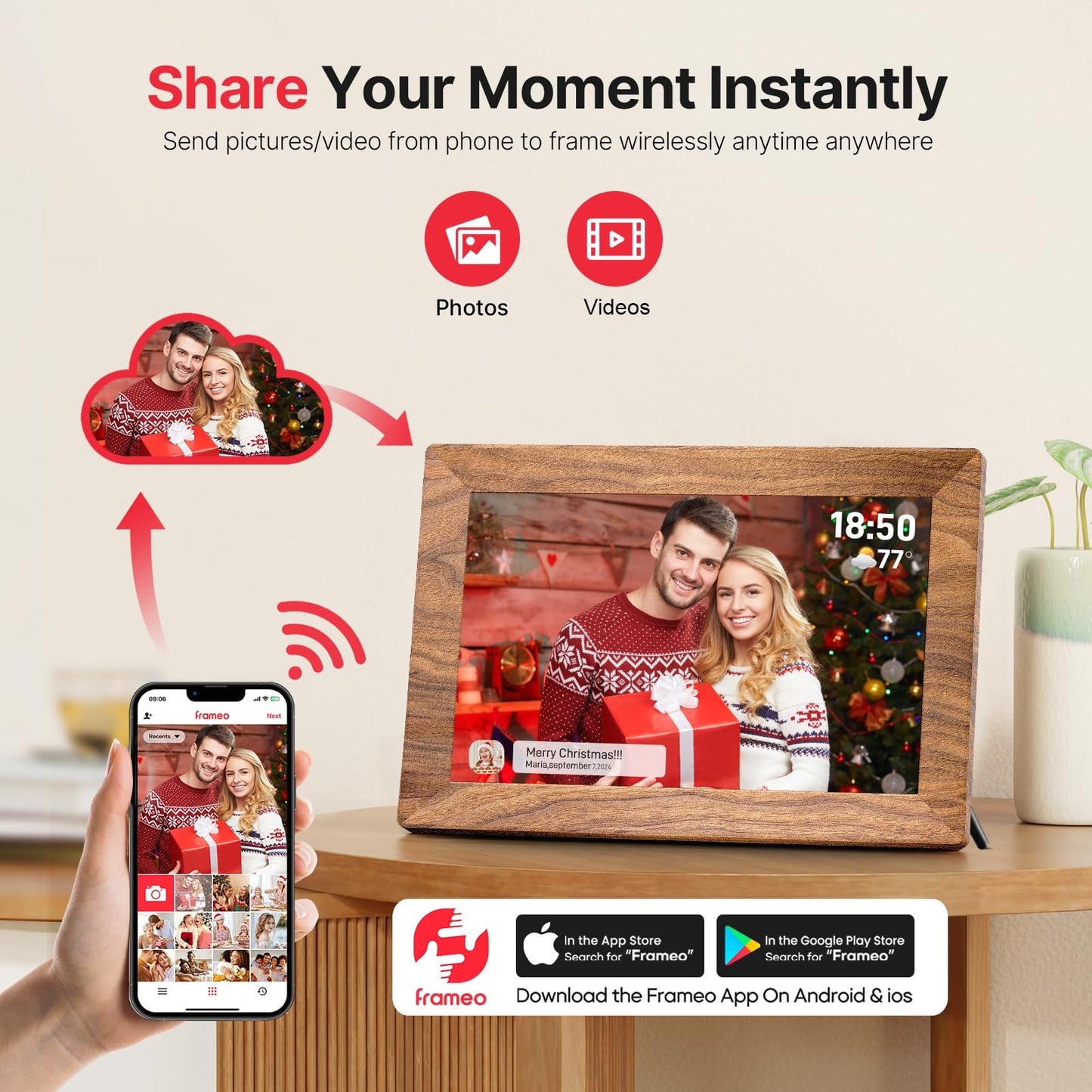 Frameo 10.1 Inch WiFi Digital Picture Frame, Smart Cloud Electronic Photo Frame with HD IPS Touch Screen Slideshow 32GB Memory Auto-Rotate Wall Mount, Share Photos/Videos from Phone - Gifts for Mom