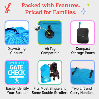 J.L. Childress Gate Check Bag for Single & Some Double Strollers - Travel Bag for Airplane, Fits Most Standard Baby Strollers, Airport Accessories Gate Check, Flying Essentials - Neon Blue