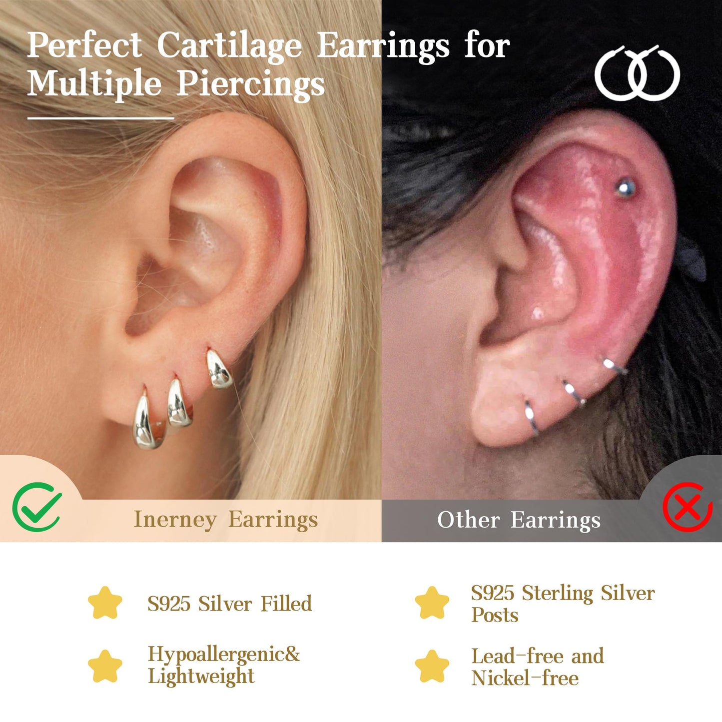 Inerney 14K Gold Plated Huggie Hoop Earrings for Women, Small Sterling Silver Earring Set Hypoallergenic Cartilage Helix Stacks, Mini Dainty Cute Trendy Birthstone Jewelry Gift for Multiple Piercings