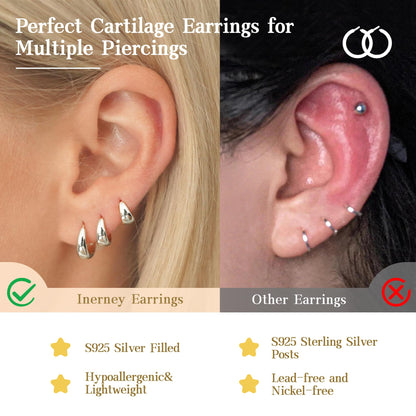 Inerney 14K Gold Plated Huggie Hoop Earrings for Women, Small Sterling Silver Earring Set Hypoallergenic Cartilage Helix Stacks, Mini Dainty Cute Trendy Birthstone Jewelry Gift for Multiple Piercings