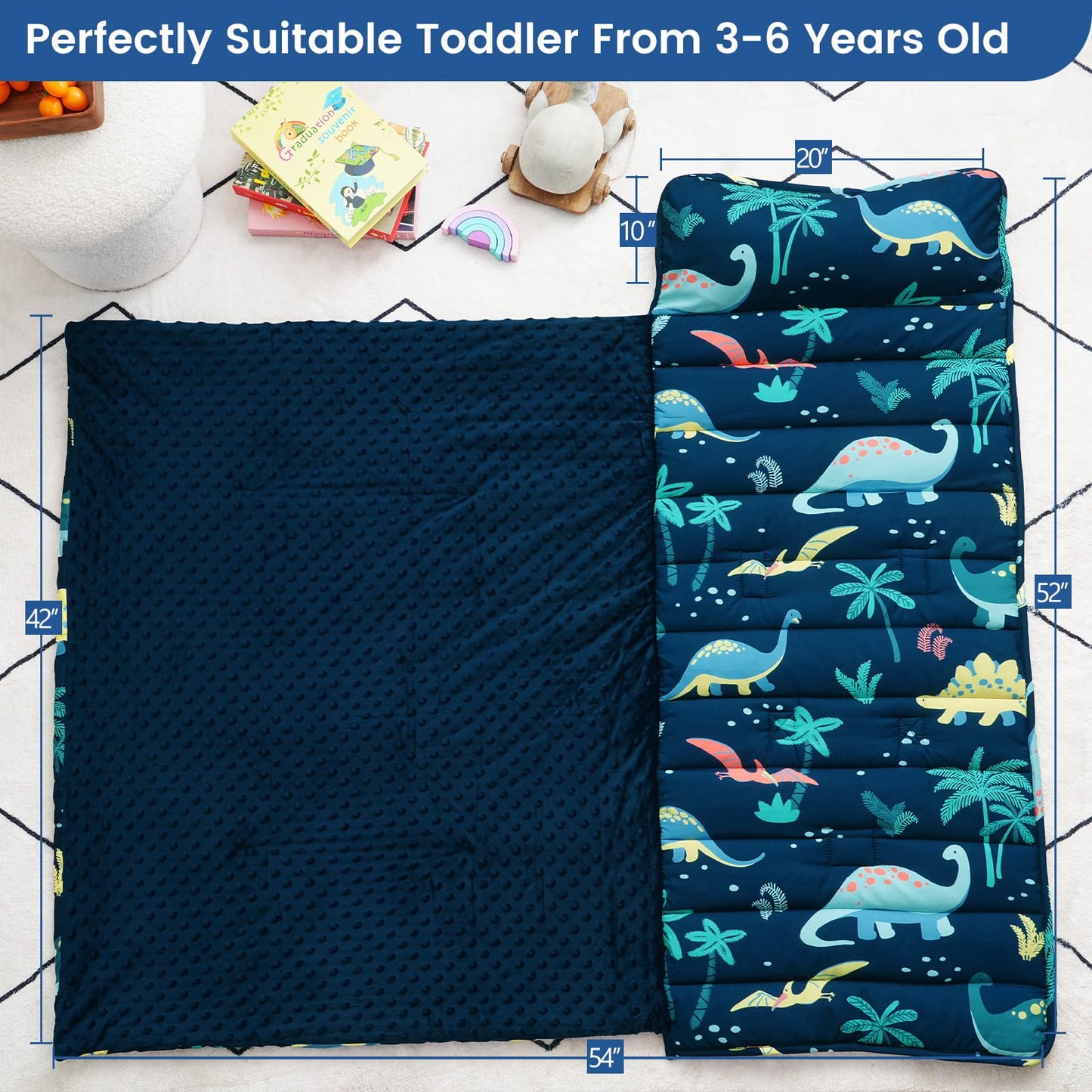 PHF Toddler Nap Mat with Removable Pillow and Minky Blanket, Rollup Design Kids Sleeping Mat, Slumber Bags for Boys, 55"x23" Toddler Sleeping Bag for Daycare Preschool Travel Camping, Space