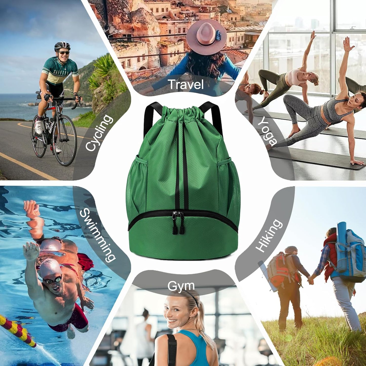 Hoedia Sports-Kordelzugrucksack – Schwimm-Turnbeutel mit Schuhfach und wasserdichter Tasche für Damen und Herren