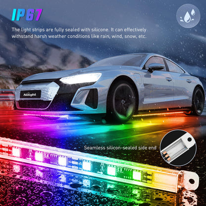 Nilight 4Pcs Car Underglow Neon Accent Strip Lights 252 LEDs RGB 8 Color Sound Active Function Music Mode with Wireless Remote Control Underbody Light Strips for Cars Van SUV Truck