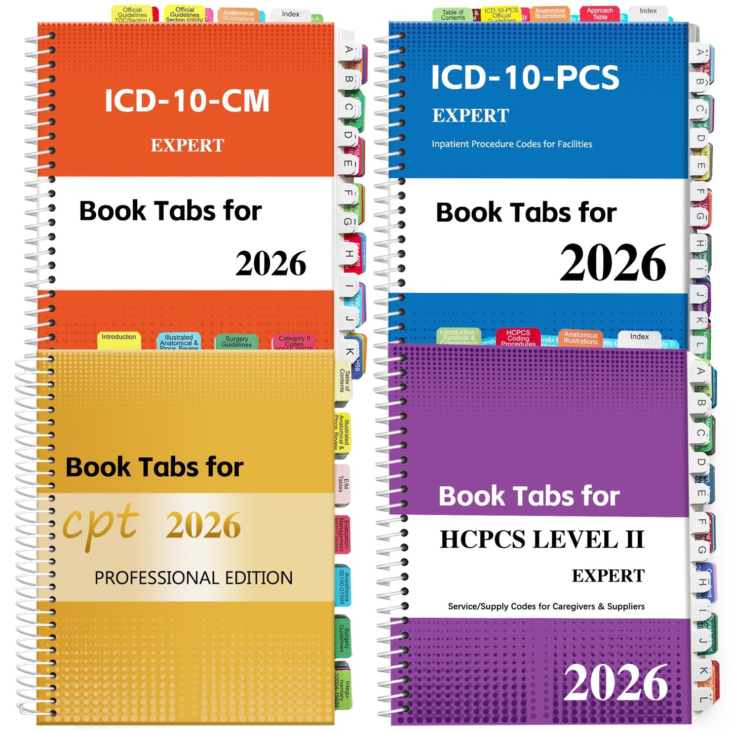 Index Tabs for CPT, AAPC Version ICD-10-CM, HCPCS Level II & ICD-10-PCS 2026, 4 Set Bundles Set (Book not Included), Color-Coded with Code Ranges, Laminated & Waterproof & Repositionable