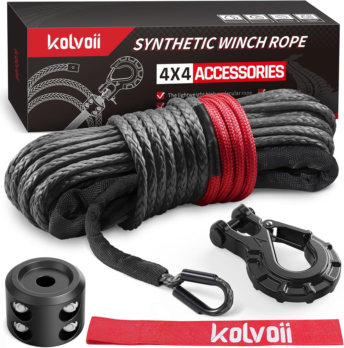 Kolvoii Synthetic Winch Rope Kit, 1/4" x 50ft 9,650lbs Winch Cable with Steel Hook, Protective Sleeve and Winch Cable Stopper for ATV UTV Off-Road Vehicle etc(Grey Rope, Black Hook)