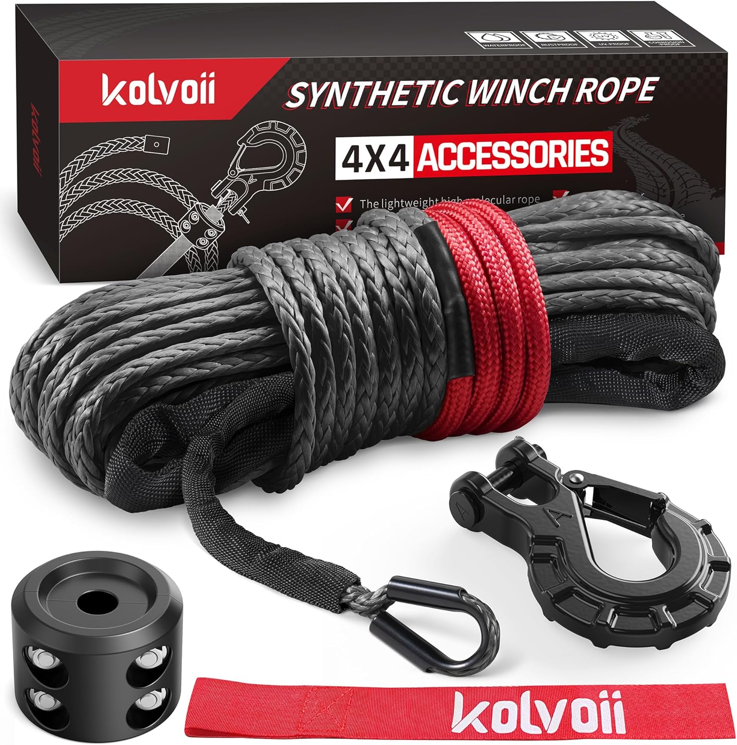 Kolvoii Synthetic Winch Rope Kit, 1/4" x 50ft 9,650lbs Winch Cable with Steel Hook, Protective Sleeve and Winch Cable Stopper for ATV UTV Off-Road Vehicle etc(Grey Rope, Black Hook)