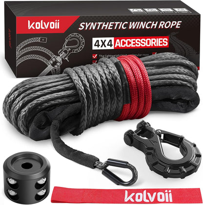 Kolvoii Synthetic Winch Rope Kit, 1/4" x 50ft 9,650lbs Winch Cable with Steel Hook, Protective Sleeve and Winch Cable Stopper for ATV UTV Off-Road Vehicle etc(Grey Rope, Black Hook)