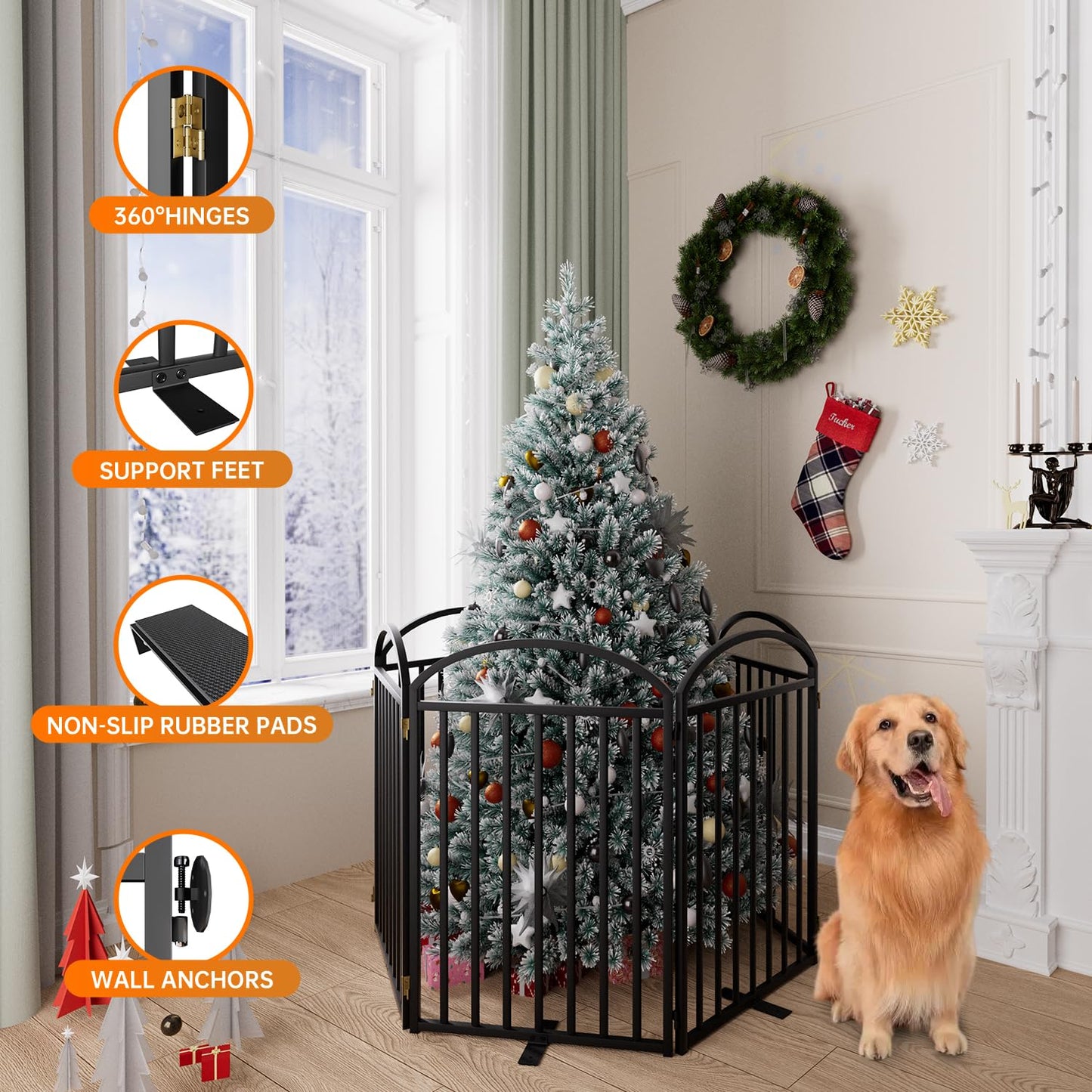 SNUOWU 4 Panels Full Matel Freestanding Dog Gates with Door, 96"Extra Wide 36"Tall Free Standing Dog Pet Gate for Indoor & Outdoor. Foldable Pet Fences for Doorways, House, Stairs, Porch, Deck, Yard