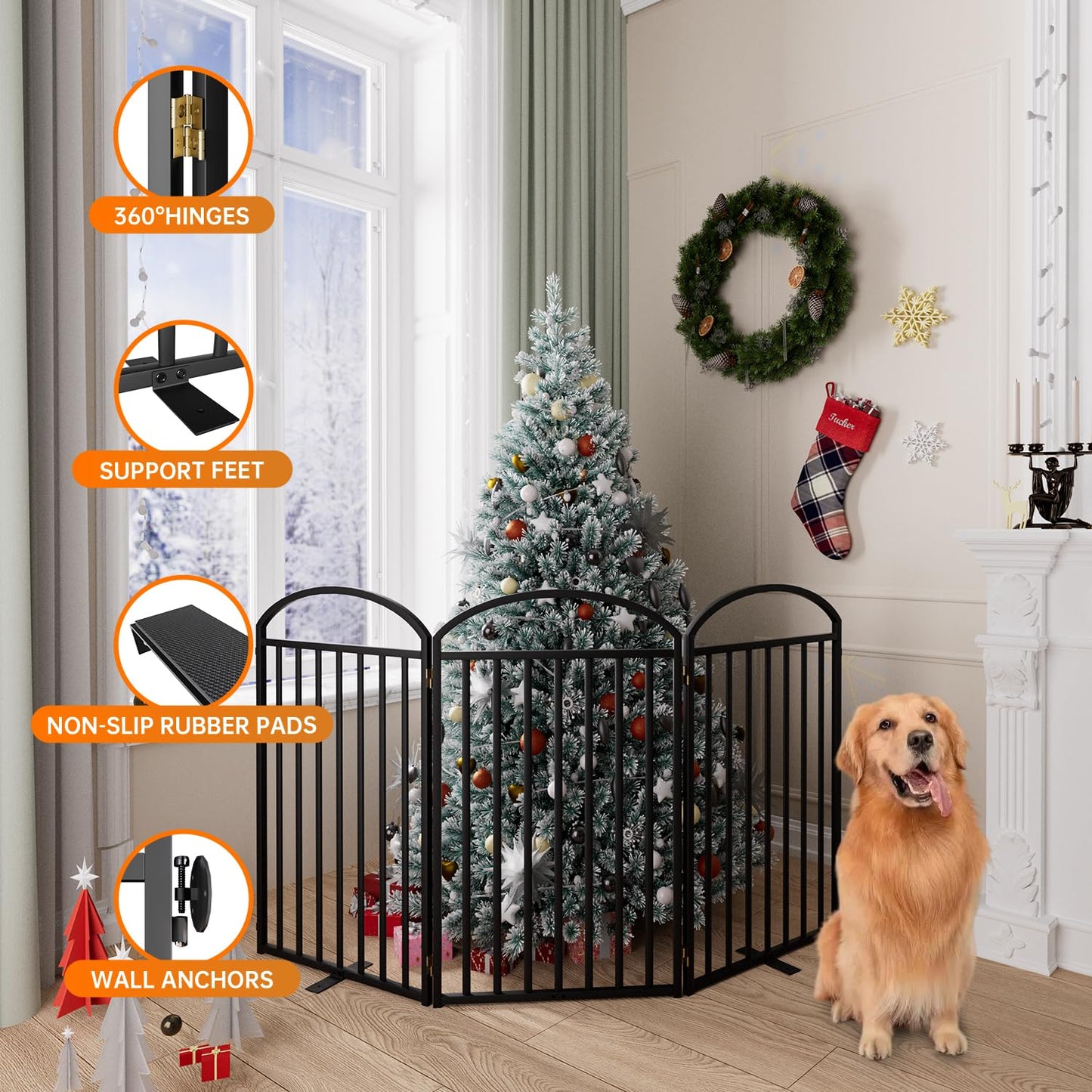 SNUOWU 4 Panels Full Matel Freestanding Dog Gates with Door, 96"Extra Wide 36"Tall Free Standing Dog Pet Gate for Indoor & Outdoor. Foldable Pet Fences for Doorways, House, Stairs, Porch, Deck, Yard
