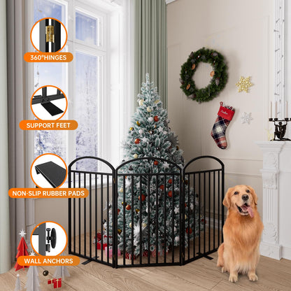 SNUOWU 4 Panels Full Matel Freestanding Dog Gates with Door, 96"Extra Wide 36"Tall Free Standing Dog Pet Gate for Indoor & Outdoor. Foldable Pet Fences for Doorways, House, Stairs, Porch, Deck, Yard