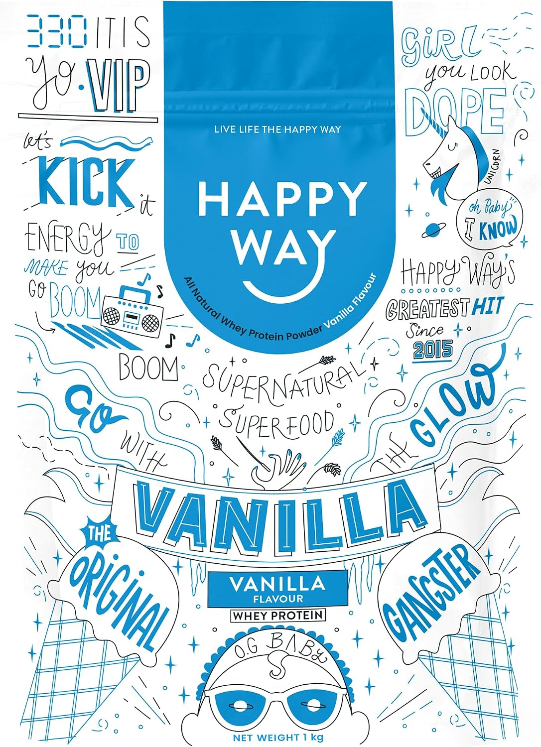 HAPPY WAY Vanilla Whey Protein Powder - 1kg | Smooth Vanilla Essence | Supports Toning & Muscle Recovery | Ideal for Shakes, Smoothies & Healthy Recipes