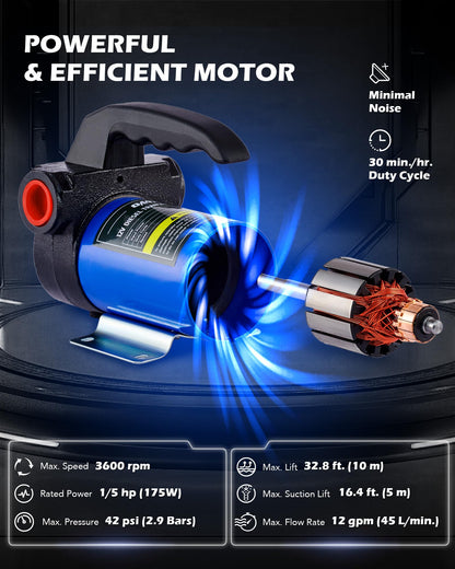 Orion Motor Tech Electric Fuel Transfer Pump with Auto-Shutoff, 3.2GPM Gas Can Pump, 51" Hose, USB-C & AA Battery (NO BATTERIES INCLUDED) Powered, 4 Adapters for Gasoline, Diesel, Kerosene, Blue