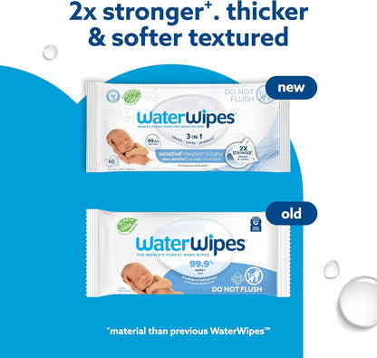 WaterWipes Sensitive+ Baby-Feuchttücher für Neugeborene und Babys, 3-in-1 reinigt, pflegt, schützt, 99,9 % Wasser, unparfümiert & hypoallergen, 720 Stück (12 Packungen)