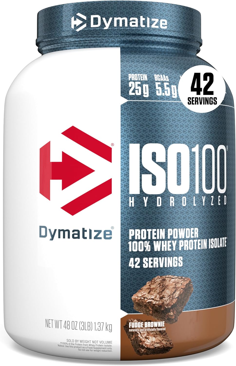 Dymatize ISO100 Whey Protein Powder Isolate, Fudge Brownie, 25g of Protein, 3 Pound, 5.5g BCAAs, Less Than 120 Cal., Gluten Free, 1g Fat, 1g Sugar, 2g Carb (42 Servings) (Pack of 6)