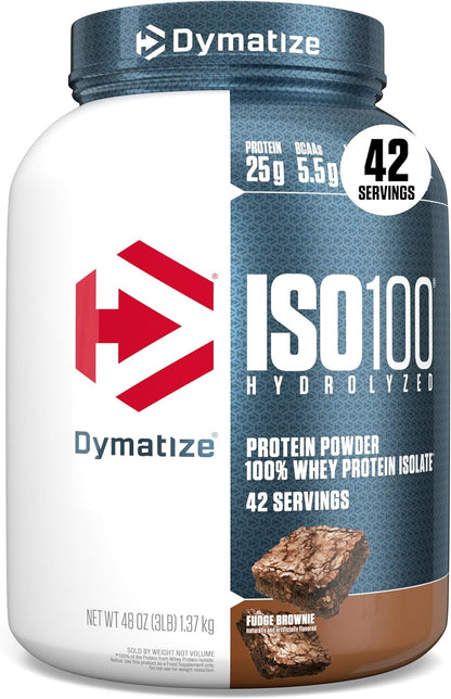 Dymatize ISO100 Whey Protein Powder Isolate, Fudge Brownie, 25g of Protein, 3 Pound, 5.5g BCAAs, Less Than 120 Cal., Gluten Free, 1g Fat, 1g Sugar, 2g Carb (42 Servings) (Pack of 6)