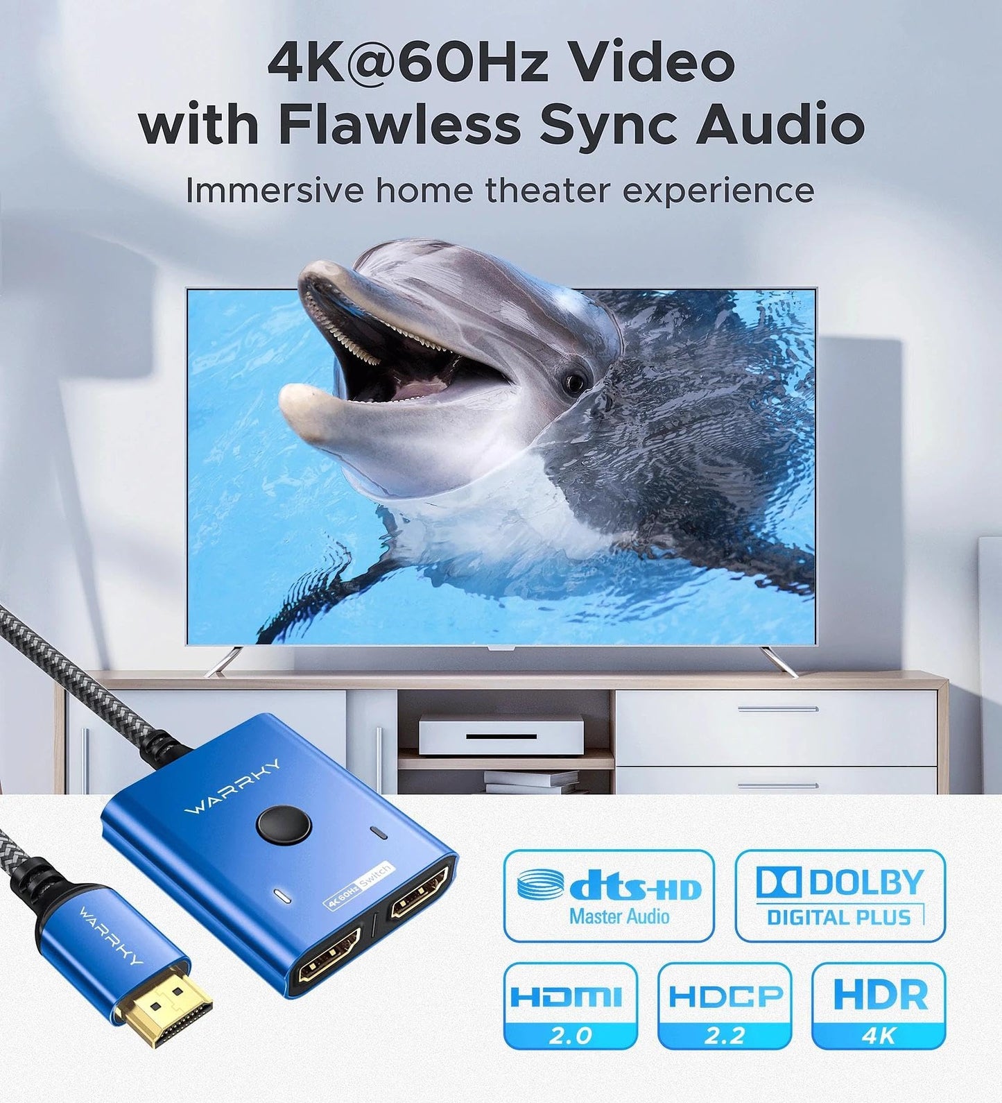 HDMI-Umschalter 2 Eingänge 1 Ausgang 4K@60Hz, WARRKY [mit 1m festem geflochtenen HDMI-Kabel, Aluminiumgehäuse, 2K@144Hz, HDCP 2.2] Bidirektionaler 2x1 Switcher Splitter kompatibel mit PS5/4, Xbox, Roku, FireStick, Switch