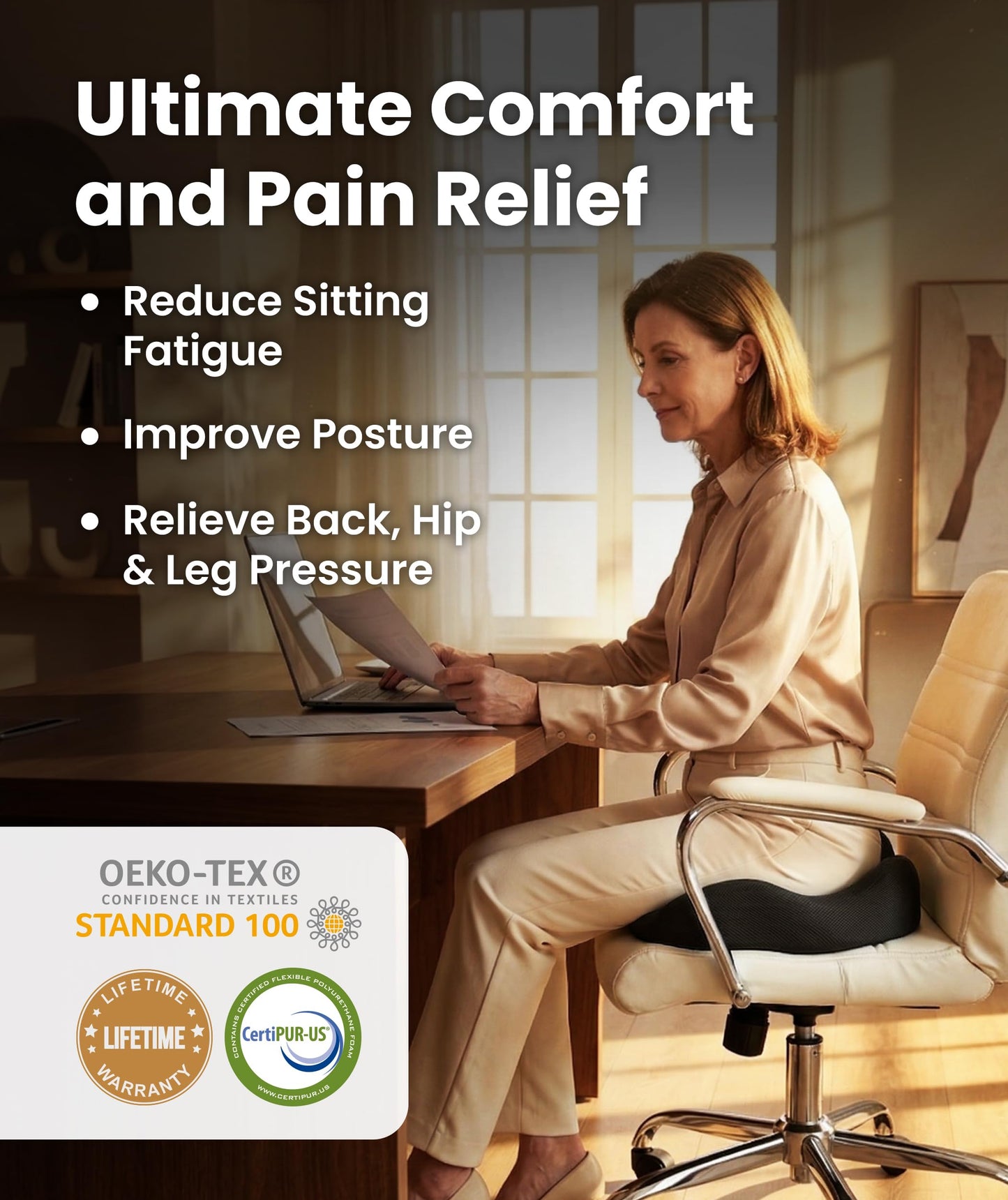 Everlasting Comfort Doctor Recommended Memory Foam Seat Cushion for Office Chairs & Car - Ergonomic Office Desk Accessories - Cushions for Tailbone Pain Relief, Sciatica & Back Support Pillow