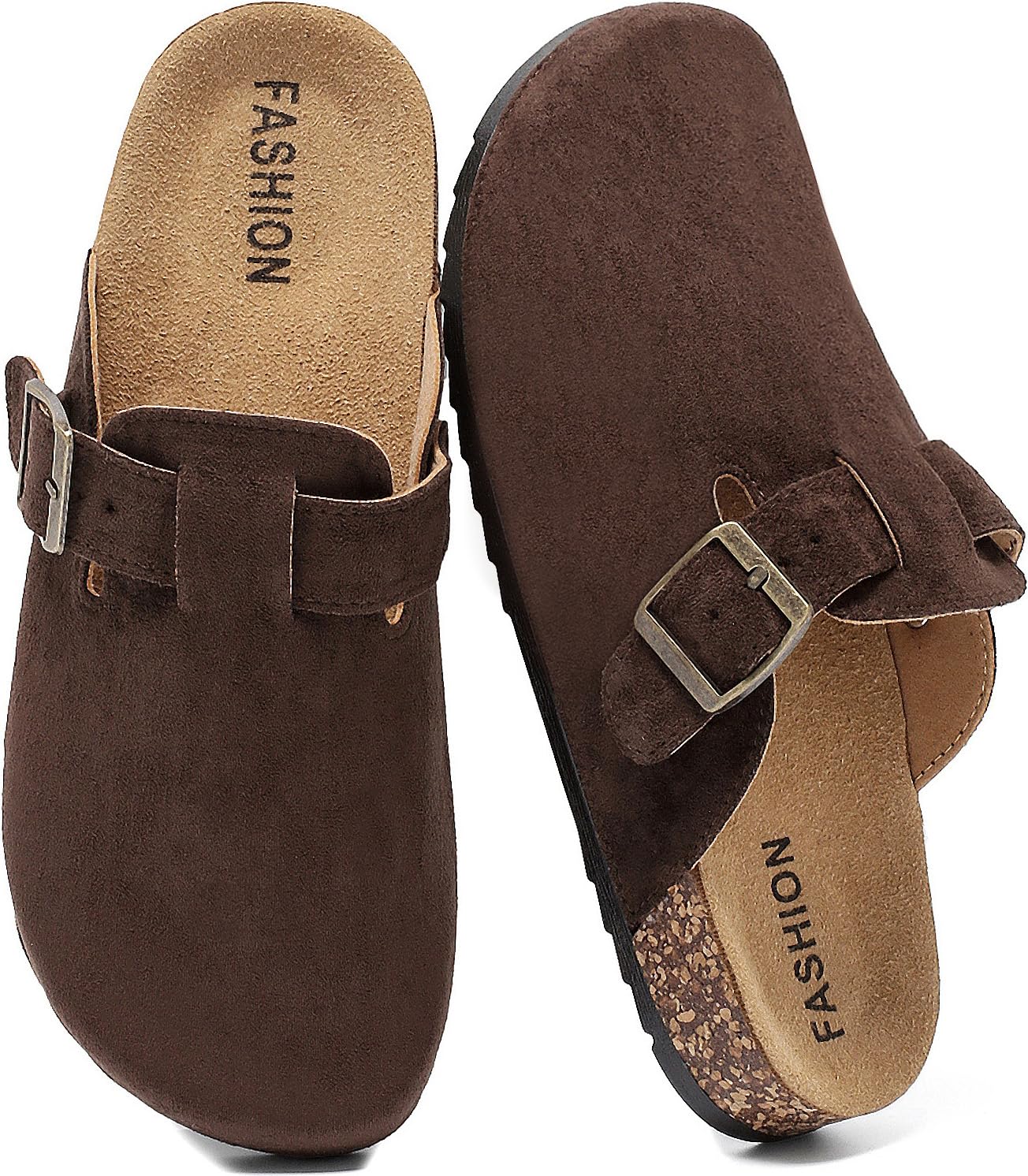 YorFotMae Women's Suede Clogs Mens Leather Mules Comfort Cork Footbed Antislip House Sandals Arch Support Potato Shoes with Adjustable Buckle