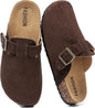 YorFotMae Women's Suede Clogs Mens Leather Mules Comfort Cork Footbed Antislip House Sandals Arch Support Potato Shoes with Adjustable Buckle