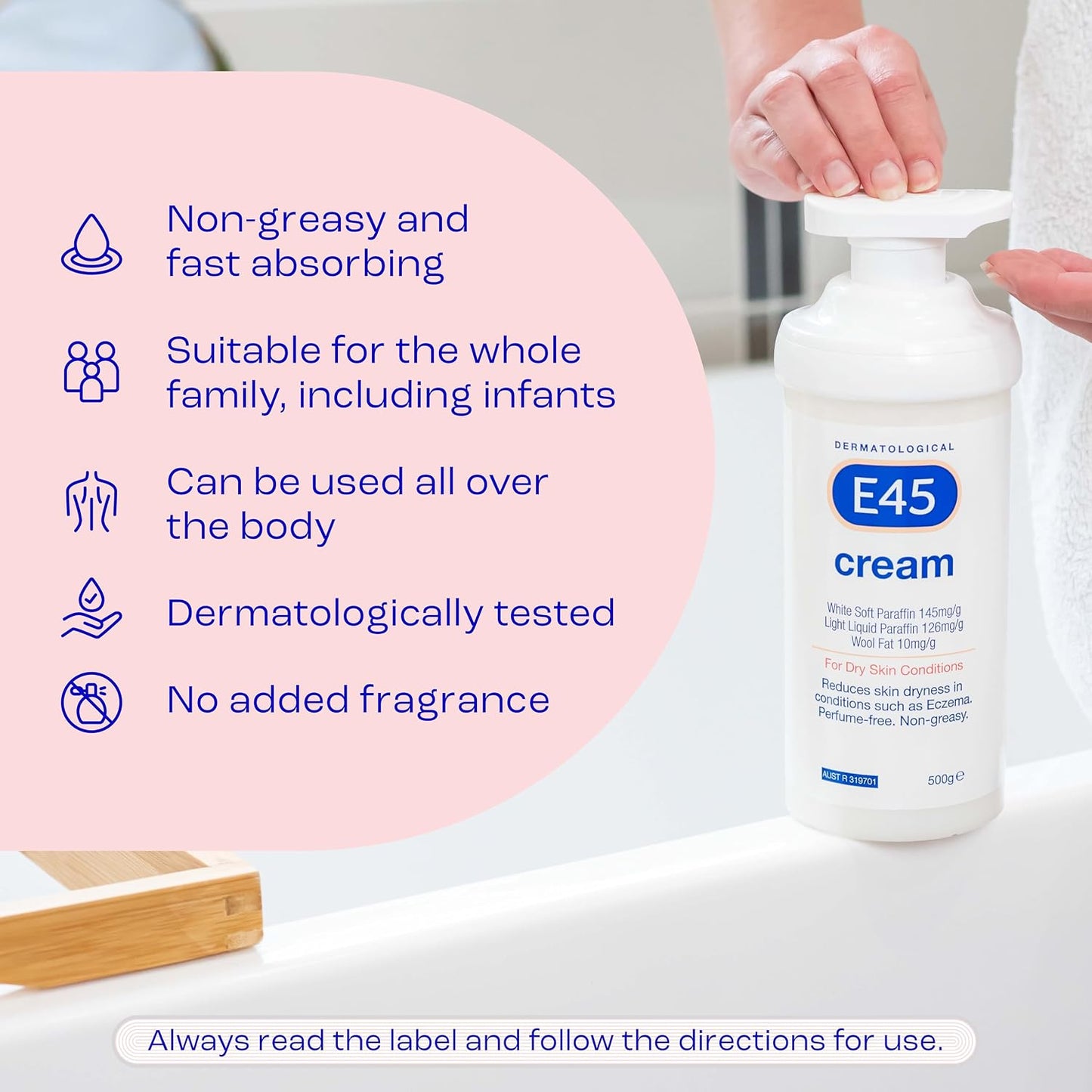 E45 - Dermatological Cream For Dry Skin Conditions | Non Greasy Emollient | Hypoallergenic | 500g