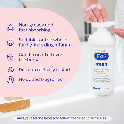 E45 - Dermatological Cream For Dry Skin Conditions | Non Greasy Emollient | Hypoallergenic | 500g