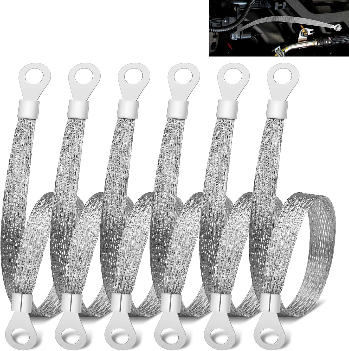6 PCS Universal Automotive Braided Copper Ground Strap, 12 Inch Engine Ground Strap Kit with Terminal Plugs, Copper Tinned Ground Strap Wire for Most Vehicle Cars Engine (Copper Tinned)