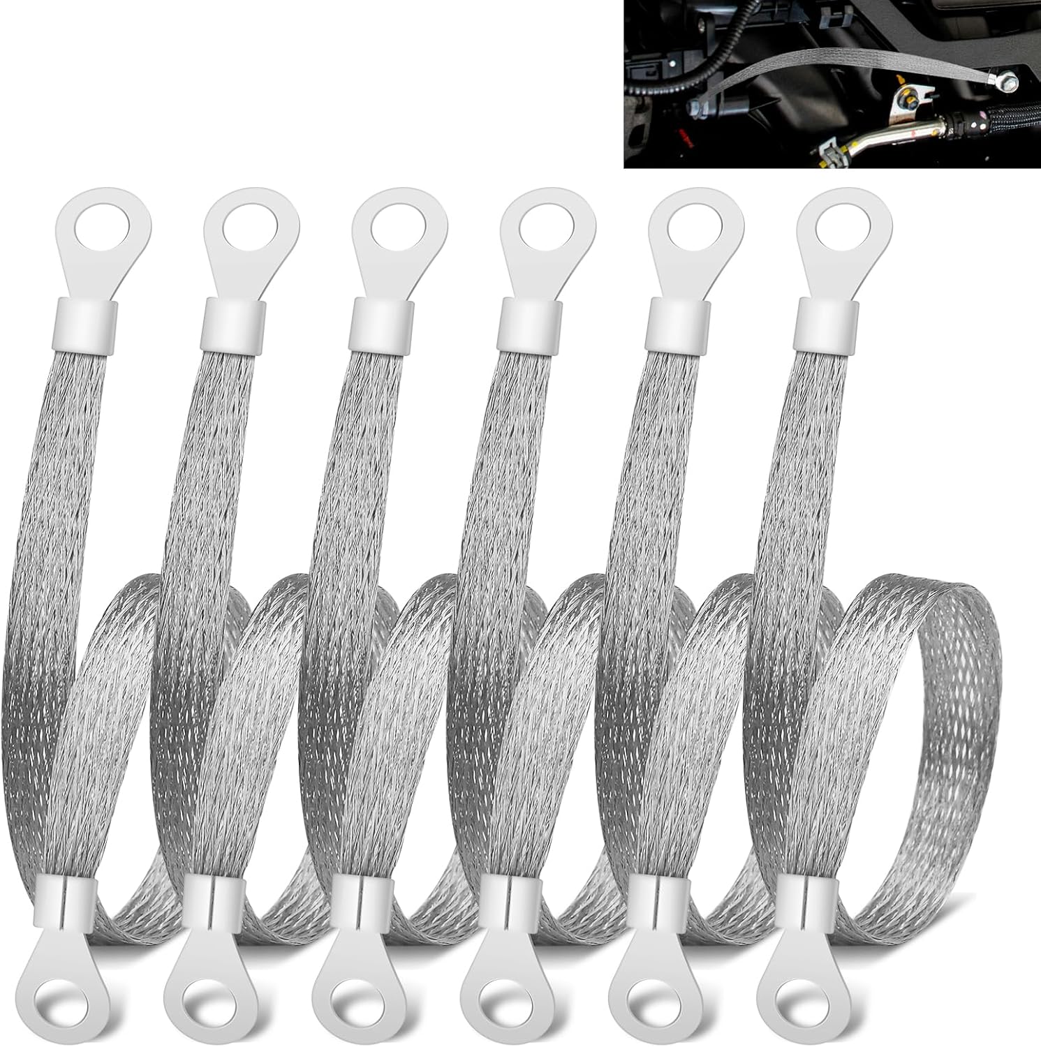 6 PCS Universal Automotive Braided Copper Ground Strap, 12 Inch Engine Ground Strap Kit with Terminal Plugs, Copper Tinned Ground Strap Wire for Most Vehicle Cars Engine (Copper Tinned)