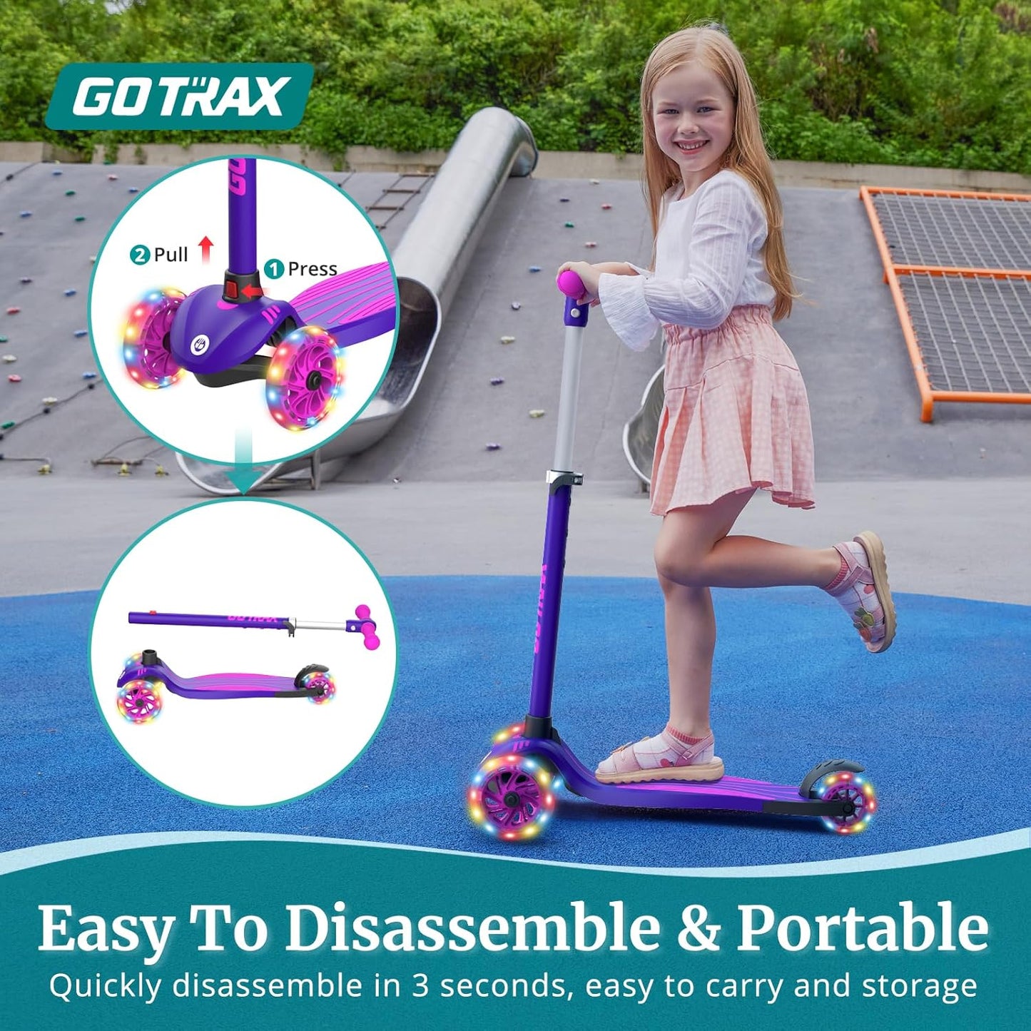 Gotrax KS1 Kinder-Roller, LED-Räder und 3-fach verstellbare Lenkerhöhe, Lean-to-Steer & breites Anti-Rutsch-Deck, 3-Rad-Roller für Jungen und Mädchen ab 3 Jahren und bis 45 kg