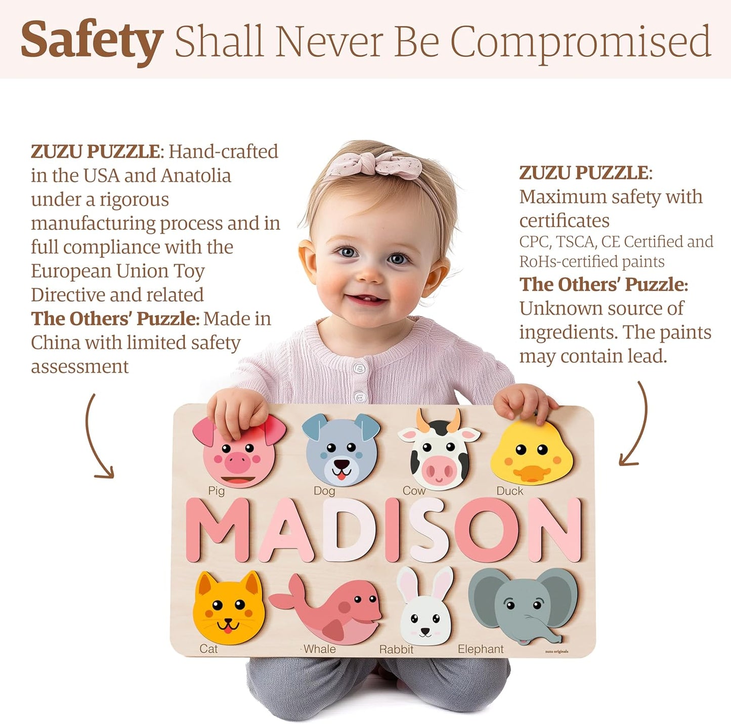 Zuzu Puzzle Personalized Name Puzzle for Toddlers 1-3 | Safari, Farm & 12 Themes | Handmade Wooden Montessori Toy, Keepsake Nursery Decor & Perfect 1st Birthday Gift for Boy Girl