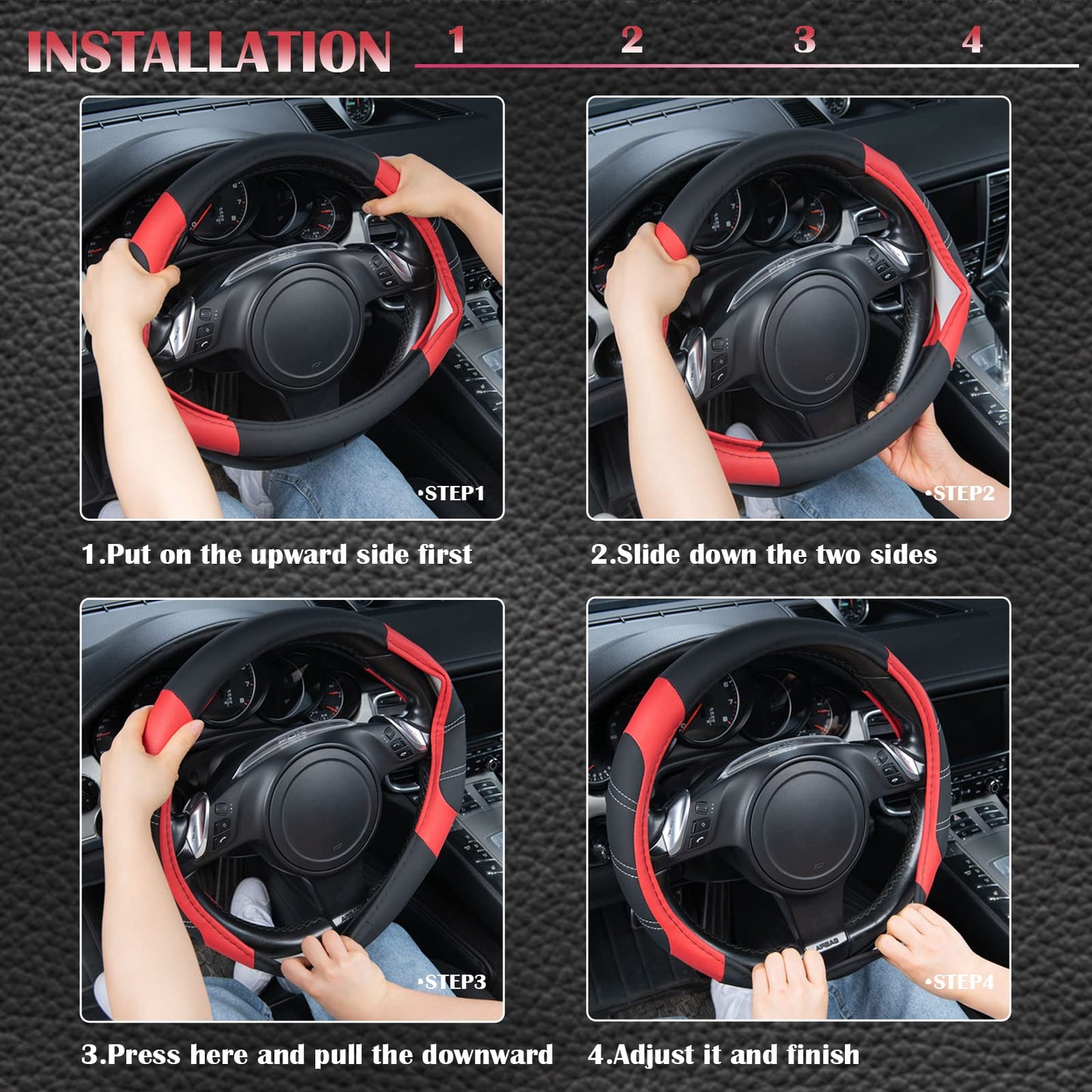 CAR PASS Line Rider Mikrofaser-Leder Sportlicher Lenkradbezug Universal Passend für 95% LKW, SUV, PKW, 36,8-38,1 cm Rutschfest Sicher Bequem Design (Schwarz-Grau)