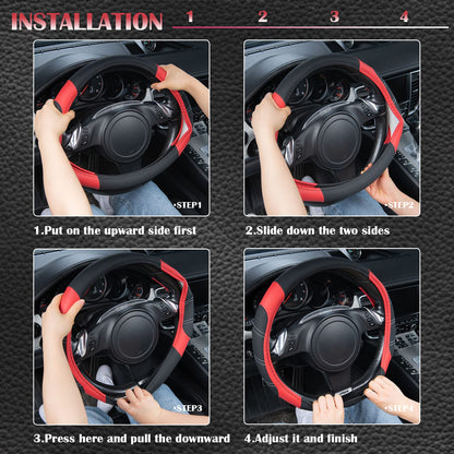 CAR PASS Line Rider Mikrofaser-Leder Sportlicher Lenkradbezug Universal Passend für 95% LKW, SUV, PKW, 36,8-38,1 cm Rutschfest Sicher Bequem Design (Schwarz-Grau)