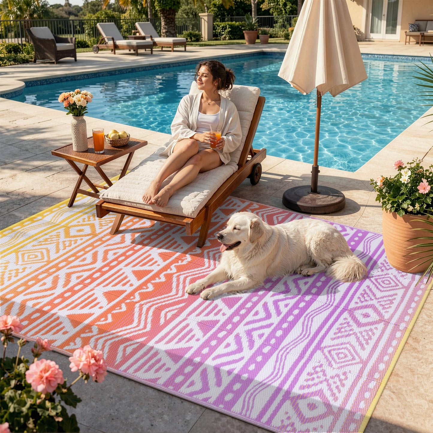 Lahome Outdoor Rugs 8x10 Waterproof, Reversible Outdoor Plastic Straw Rug for Camping Patio, RV Outdoor Rugs Outside, Outdoor Carpet for Porch Deck Backyard Picnic(Blue/Yellow,8'x 10')