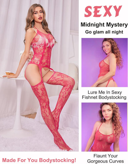 RSLOVE Damen Netz Bodystocking mit befestigten Strümpfen, sexy Dessous, offenem Schritt Body, Einteiler Babydoll, Einheitsgröße
