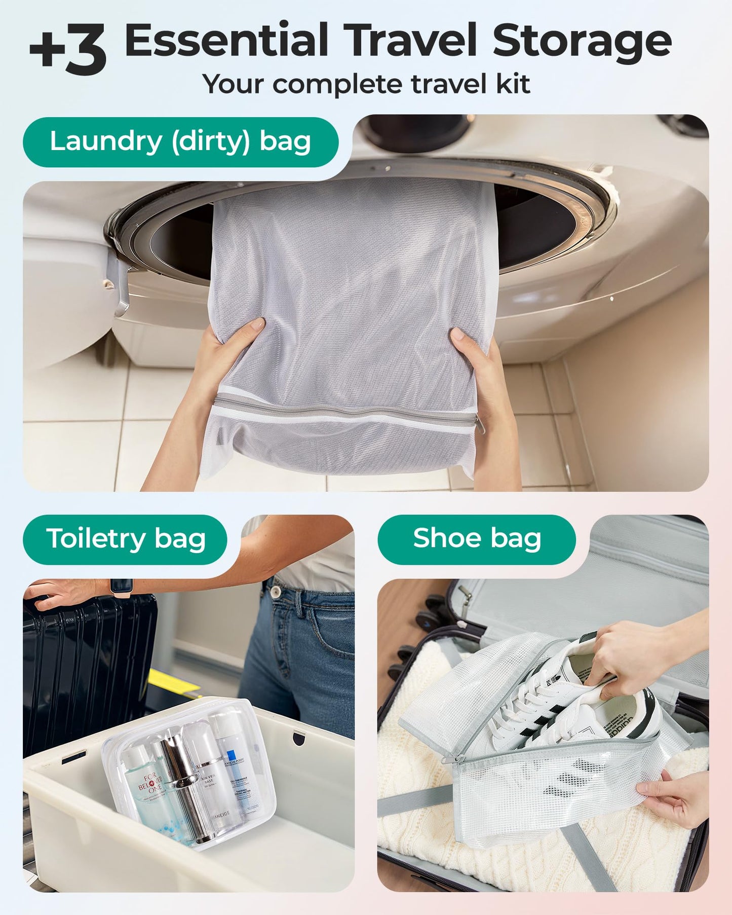 BAGSMART Vacuum Seal Storage Bags for Clothing Travel, 18 Pack Travel Essentials Bundle includes Laundry Bag & Waterproof Shoe Bag & TSA Approved Toiletry Bag, Hand Pump Included
