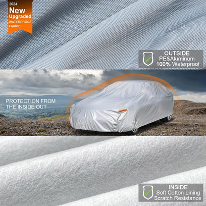 Kayme 6 Lagen Autoabdeckung, maßgeschneidert für Ford Mustang/Shelby (1964-2025), wasserdicht, für jedes Wetter, für Automobile, Outdoor, Vollschutz vor Regen, Sonne, UV-Strahlung. Silber