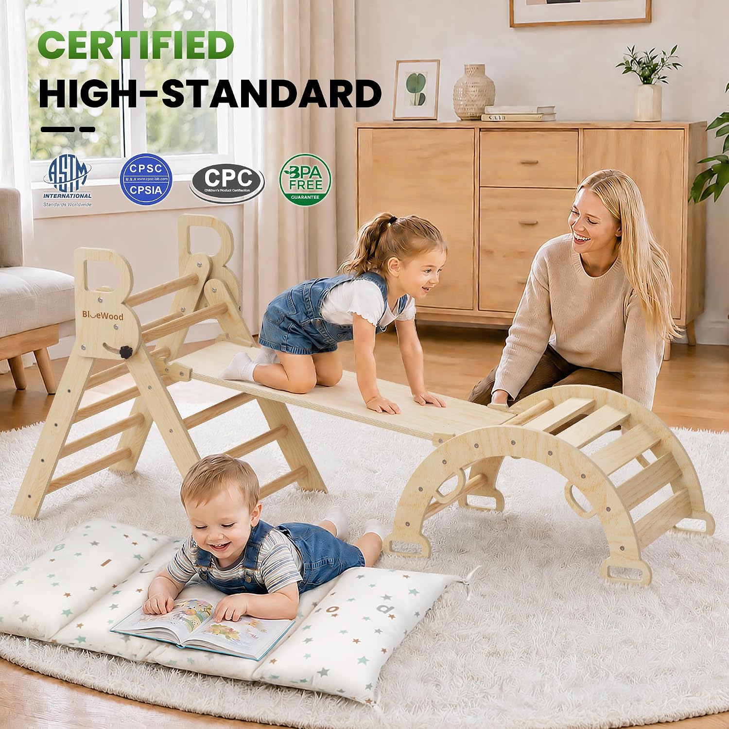 BlueWood Pikler Triangle Set with Cushion, 8-in-1 Climbing Toys for Toddlers, Montessori Philosophy Play Jungle Gym with Arch, Ramp, Ladder(Natural Wood)
