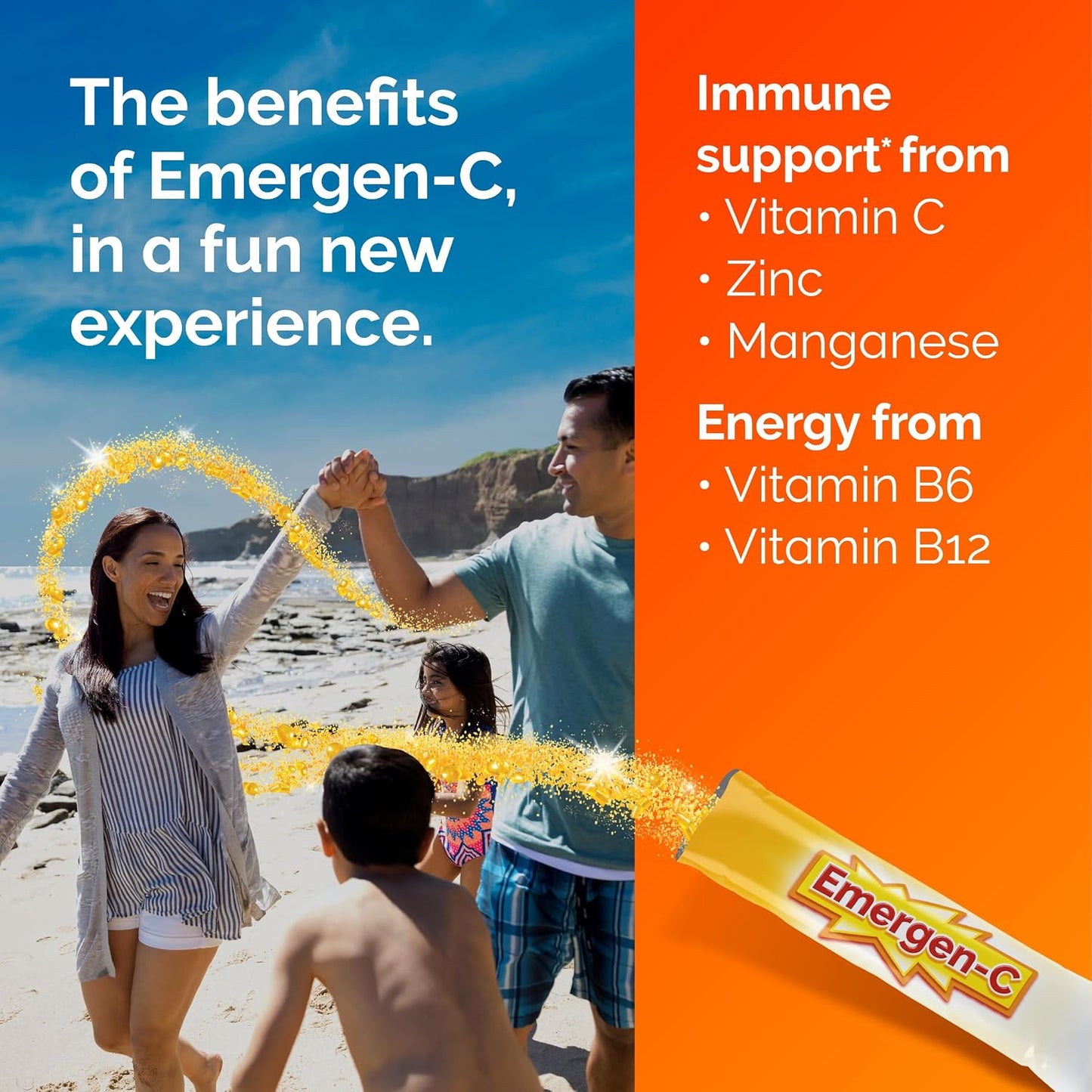 Emergen-C Crystals, On-the-Go Immune Support Supplement with Vitamin C, B Vitamins, Zinc and Manganese, Orange Vitality - 56 Stick Packs (Pack of 6)