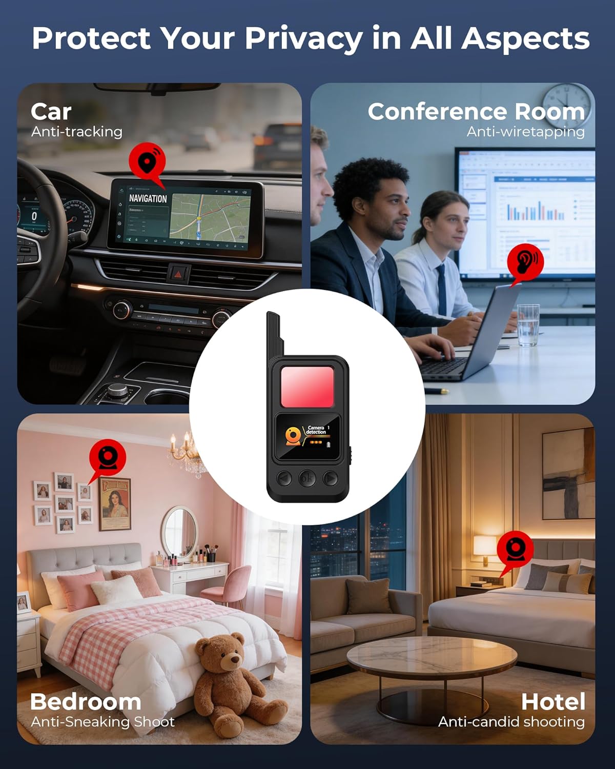 Hidden Camera Detectors, Anti-Spy Wireless Signal Scanner with LED Screen, Protable GPS Tracker & Bug Detector, SOS & Lighting 8 Modes for Airbnb, Hotel, Bathroom, Office, Car Travel Security
