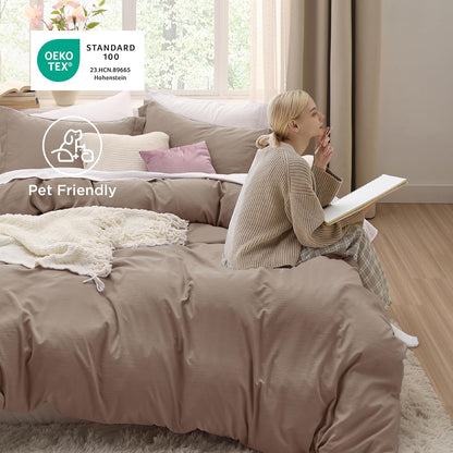 Funda nórdica blanca Bedsure, tamaño Queen, 3 piezas, aspecto de algodón prelavado, juego de cama extrasuave, incluye 1 funda nórdica de 228 x 228 cm con cierre de cremallera y 2 fundas de almohada, edredón no incluido