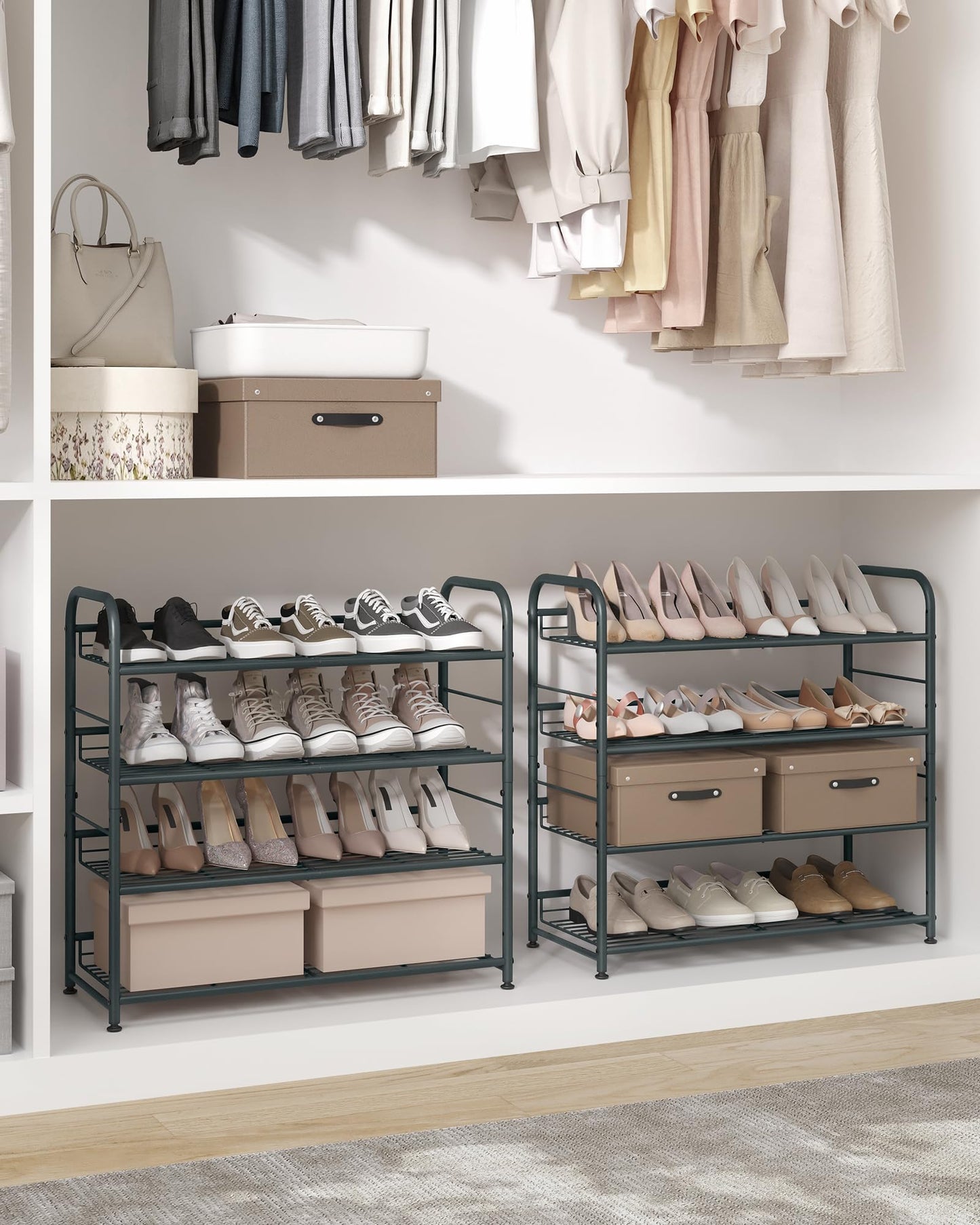 SONGMICS Stackable Shoe Rack, 4 Tier Metal Shoes Rack Storage Shelf, Holds up to 16 Pairs Shoes, Adjustable Slanted Shelves Tower Organizer for Closet Entryway Small Spaces, Bronze