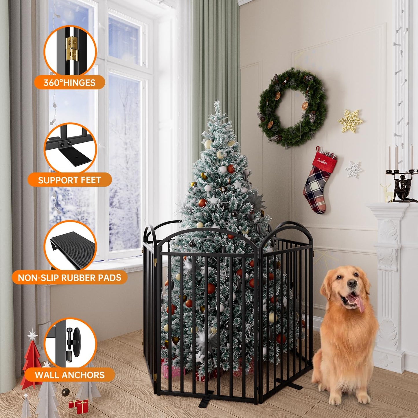 SNUOWU 4 Panels Full Matel Freestanding Dog Gates with Door, 96"Extra Wide 36"Tall Free Standing Dog Pet Gate for Indoor & Outdoor. Foldable Pet Fences for Doorways, House, Stairs, Porch, Deck, Yard