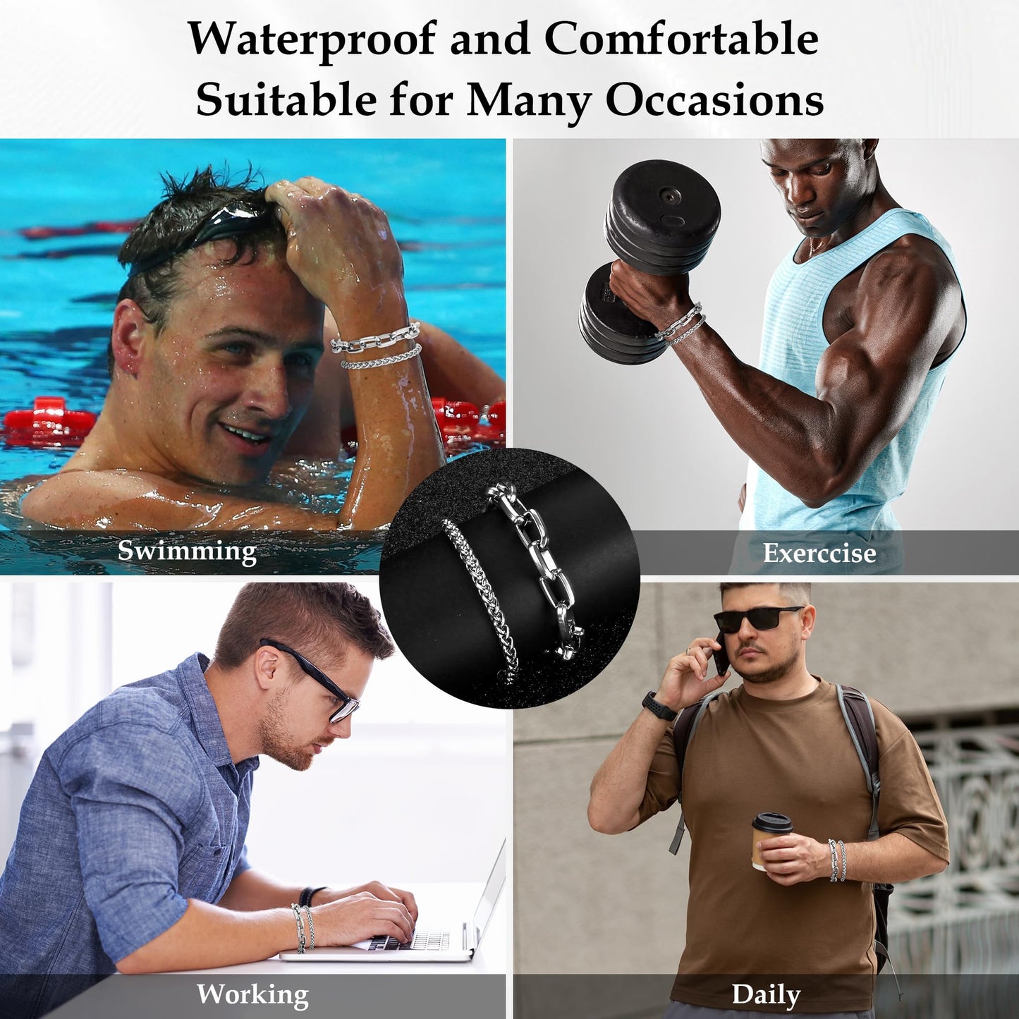 DAYANEY 3 Stücke Herrenarmband Silberarmbänder für Männer Set Wasserdicht Edelstahl Herrenschmuck, Verstellbares Cuban Gliederarmband Osterkorb Füller für Ihn, Vater oder Sohn Pulseras Para Hombre