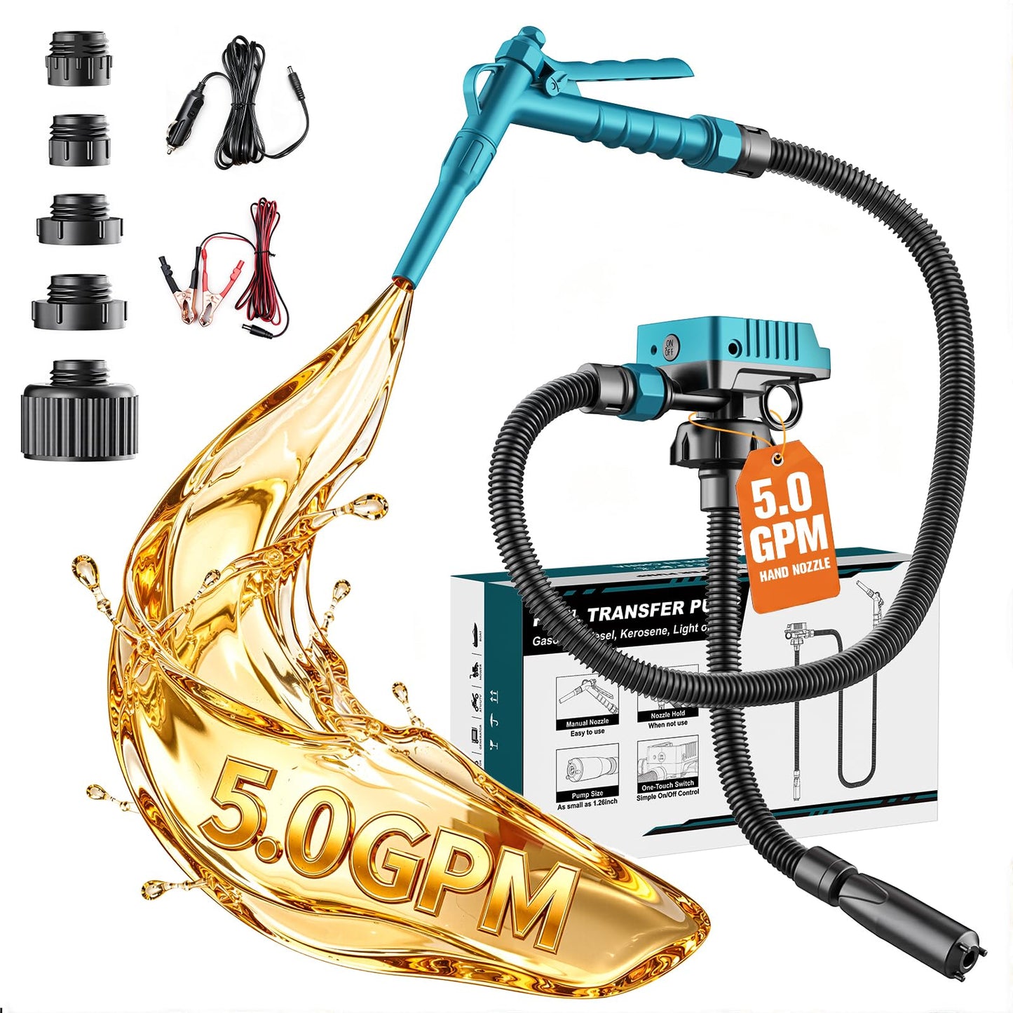 DIYtoolifz 5 GPM Cordless Fuel Transfer Pump Compatible with DeWalt 20V & Milwaukee 18V Batteries, Portable Gas Can Pump with 51" Hose, 5 Adapters, Gas Pump for Diesel, Gasoline (Bare Tool)