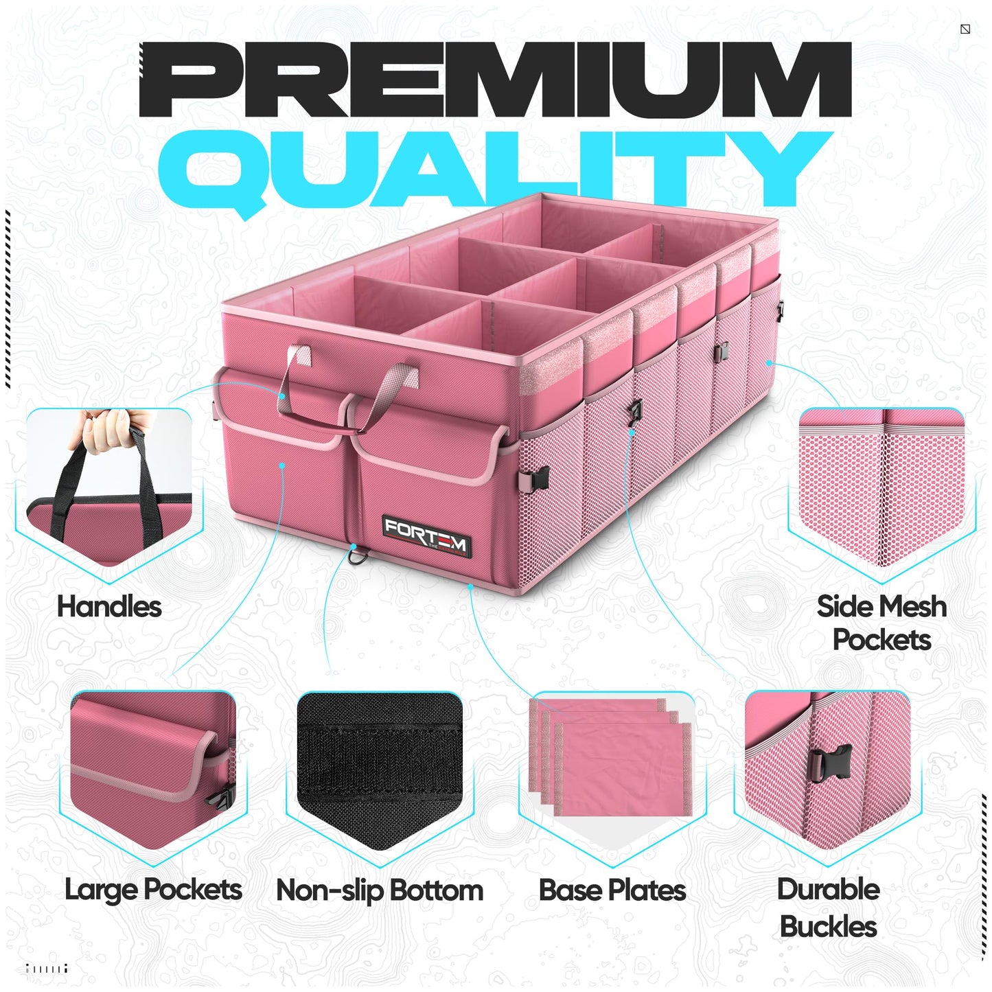 FORTEM Car Trunk Organizer, Collapsible Multi Compartment Car Organizer, Foldable SUV Storage for Car Accessories for Women Men, Non Slip Bottom, Securing Straps, Soft Cover 50L (Black, Standard)