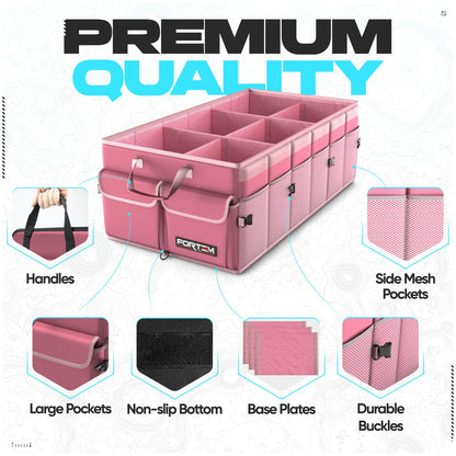 FORTEM Car Trunk Organizer, Collapsible Multi Compartment Car Organizer, Foldable SUV Storage for Car Accessories for Women Men, Non Slip Bottom, Securing Straps, Soft Cover 50L (Black, Standard)