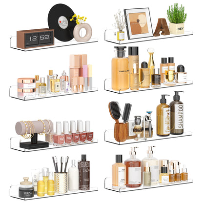 Qukaka Floating Shelves for Wall Decor, 15" Extra Clear Wall Shelves for Bedroom, Living Room, Kitchen, Bathroom Decor, Nail Polish/Book/Decoration/Makeup/Perfume Organizer Floating Shelf-3Pack