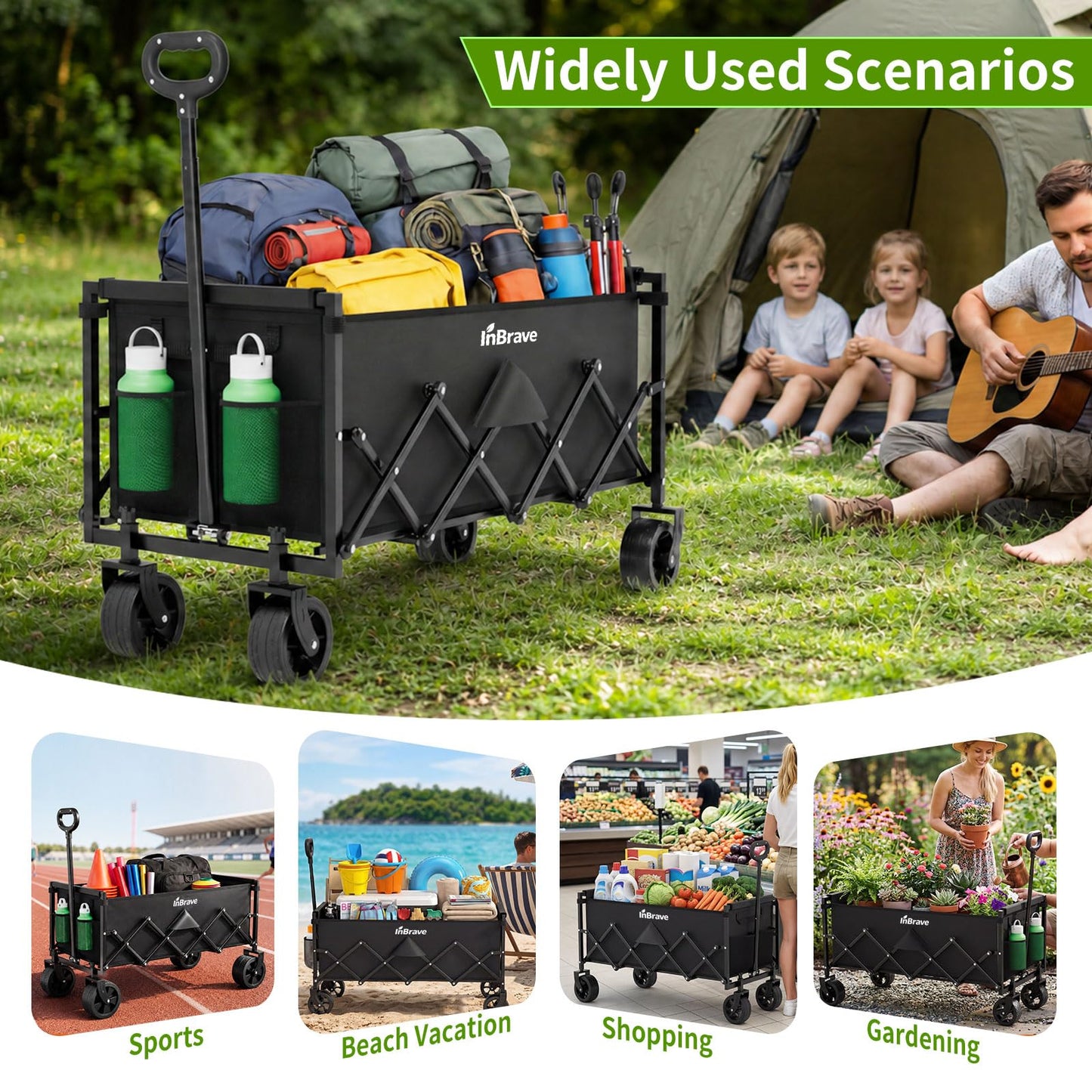 Extra Long Collapsible Wagon Cart, 480LBS Heavy Duty Utility Wagons with All-Terrain Wheels, Foldable Grocery Carts for Gardening, Shopping, Beach, Camping, Black